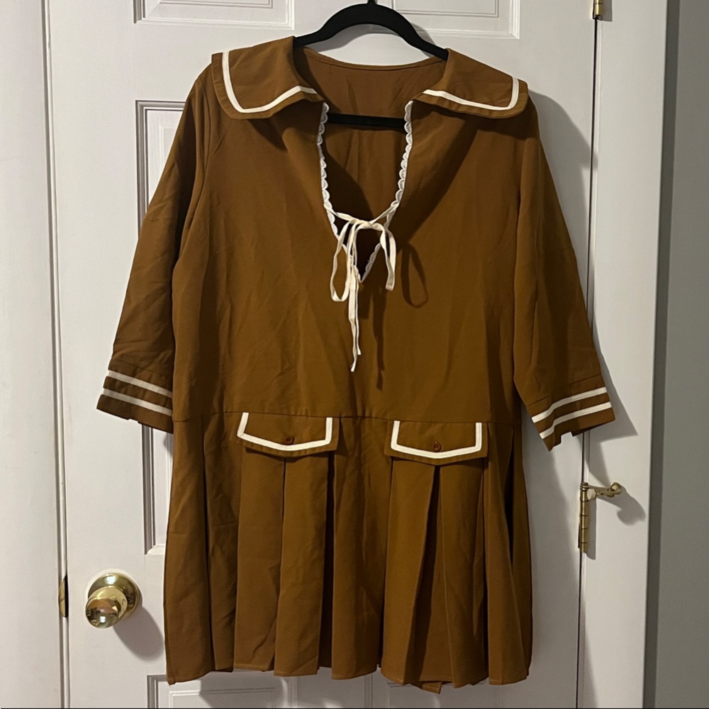 Brown Pleated Dress with White Trim